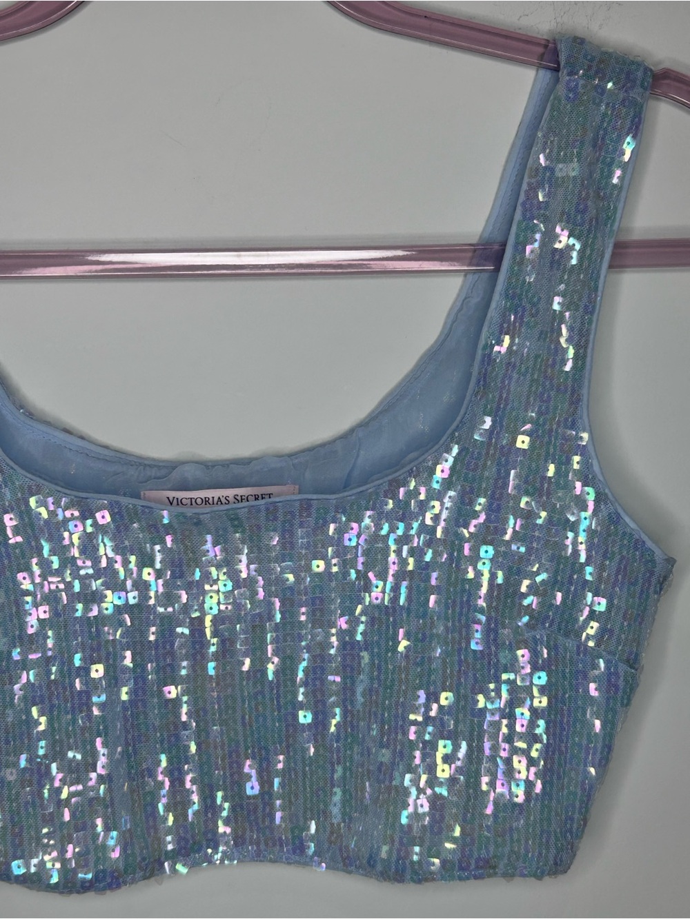 Victoria’s Secret Iridescent Sequin Crop Tank Top Blue NWT Party Festival - Picture 2 of 5